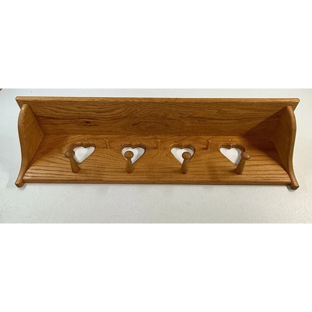 Vintage Cottage Farmhouse 4 Heart Cutout 7 Peg Shelf 28″ Rustic Wooden Wall Rack
